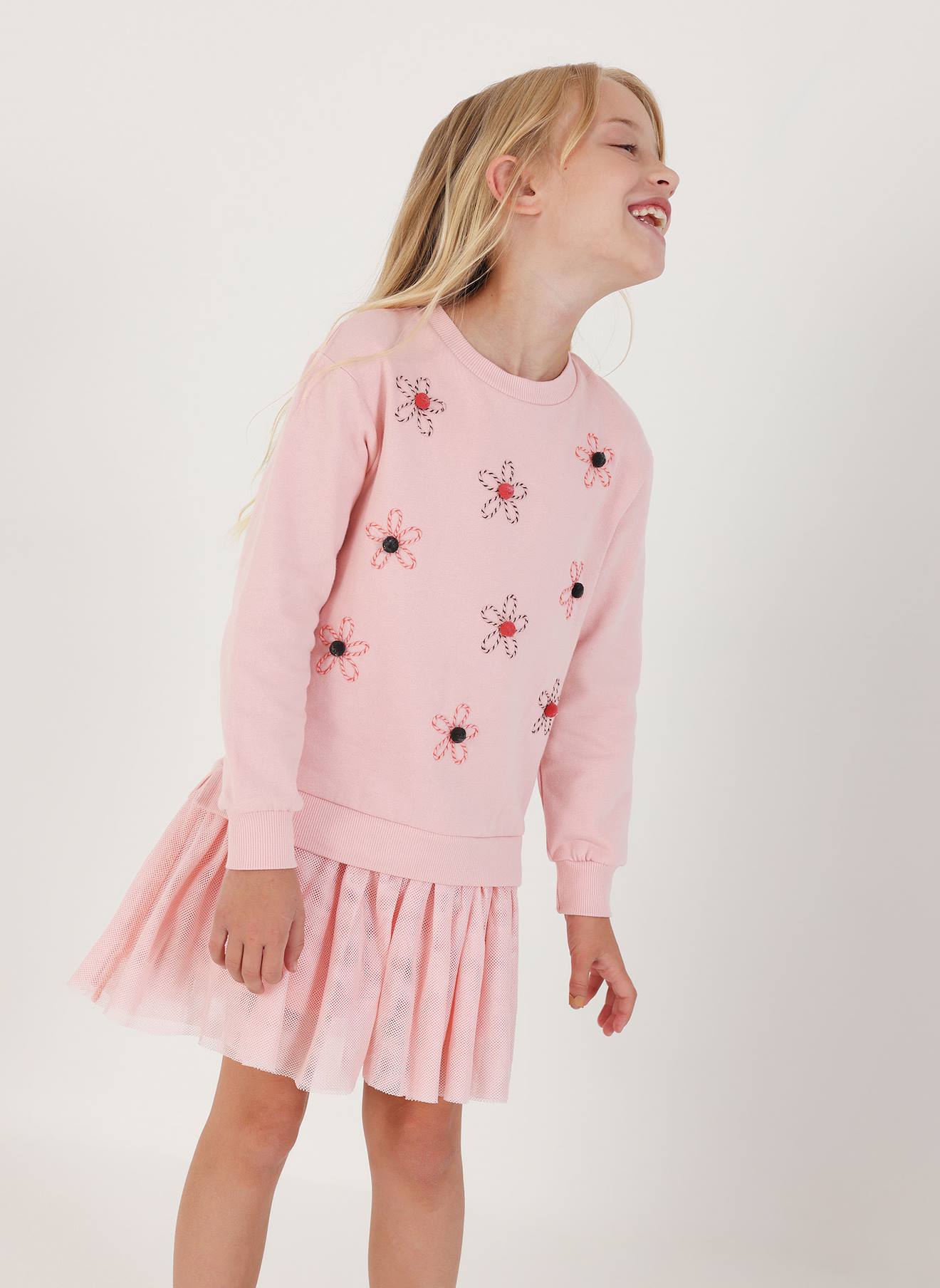 Robe Molleton Et Tulle Brodé Fleurs Pink
