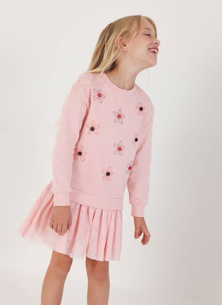 Fille-Robe-Robe molleton et tulle brodé fleurs