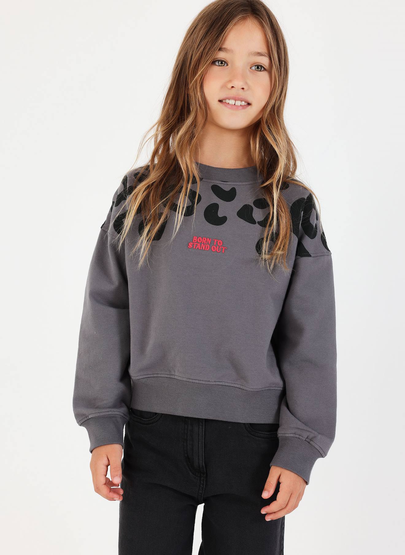 Sweat-shirt En Molleton Fille Imprimé Léopard Gris