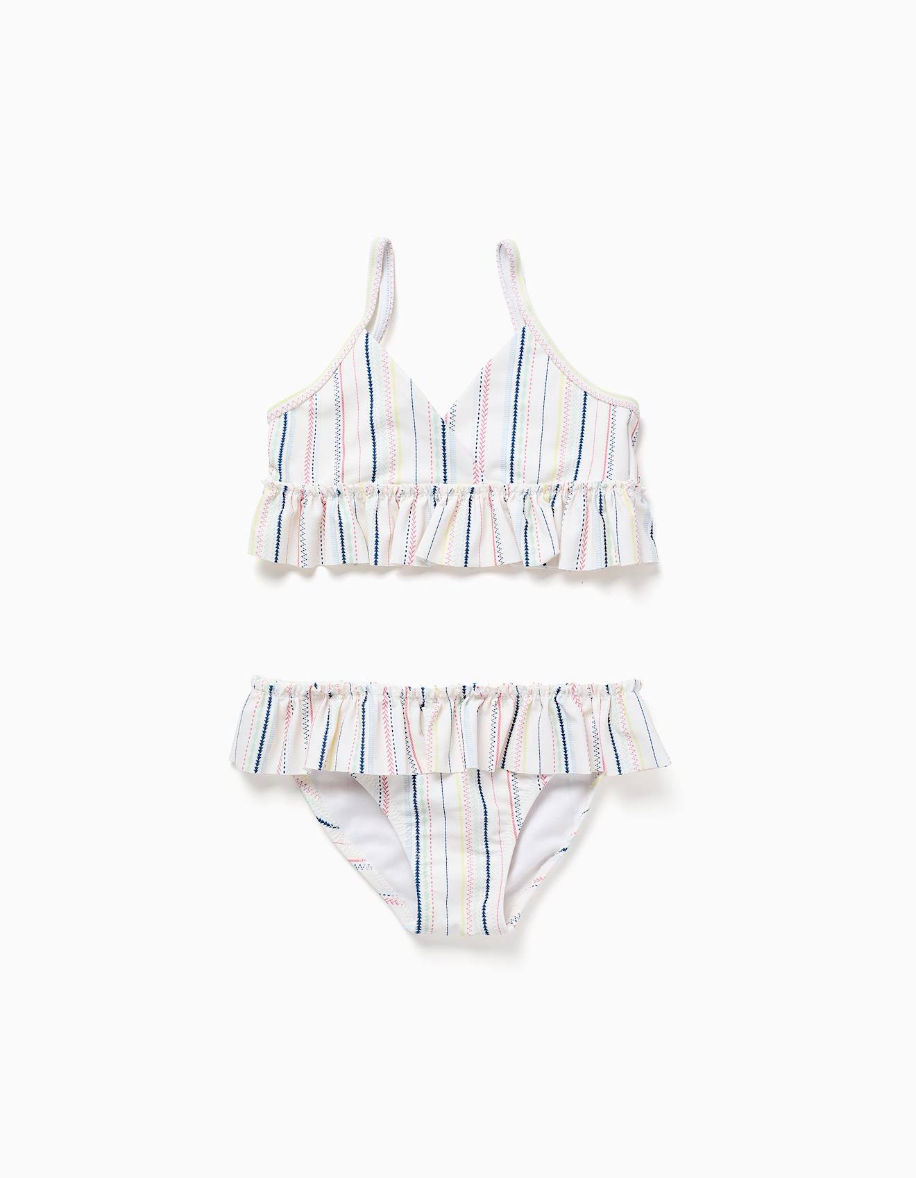 Maillot De Bain 2 Pices Rayures Ethniques Et Volants Bs Blanc 18$