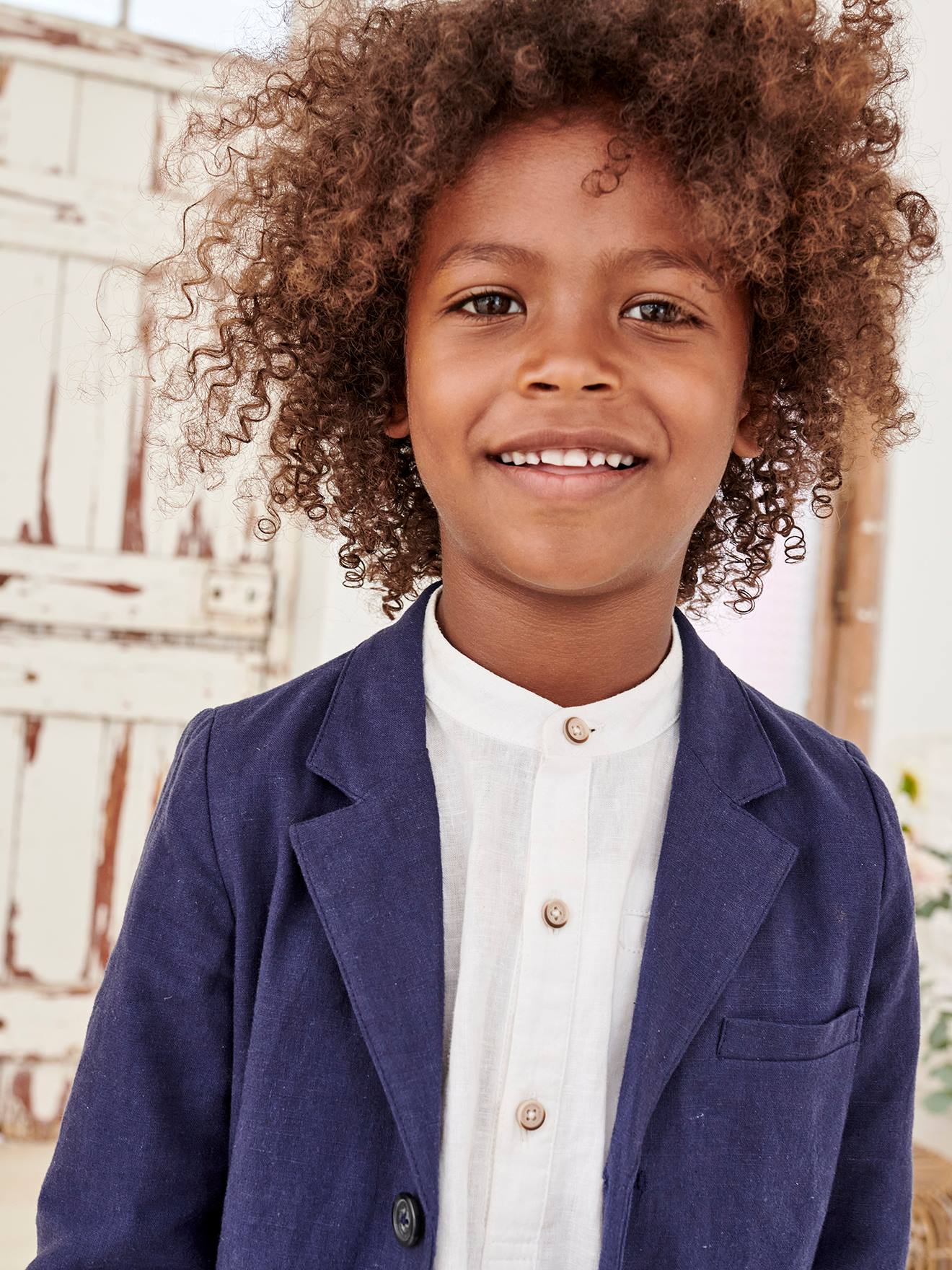 Vertbaudet - Chemise col Mao en coton/lin garçon manches retroussables blanc