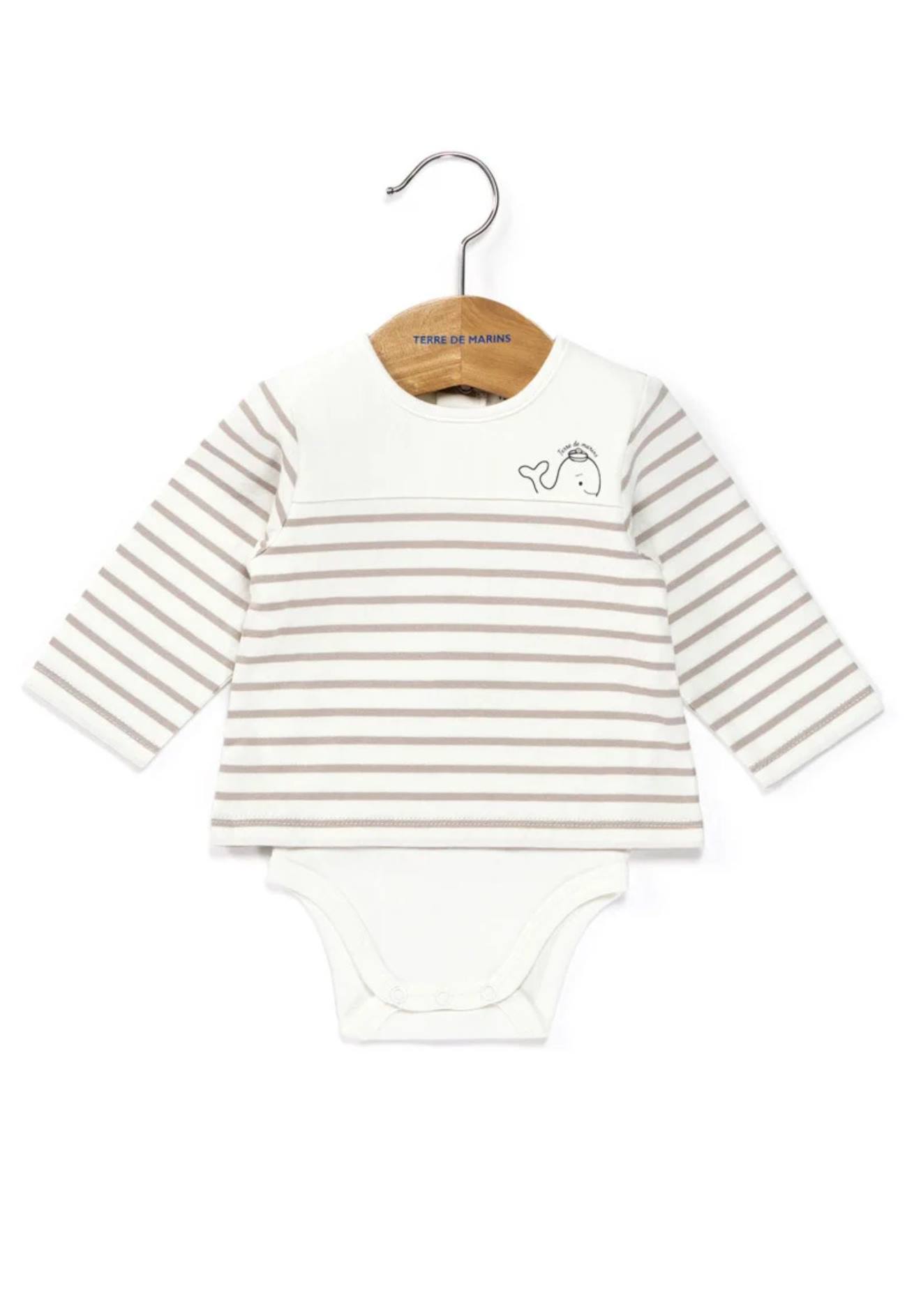 Body Manches Longues 100% Coton Bébé Mixte Fond Naturel Raye Sable