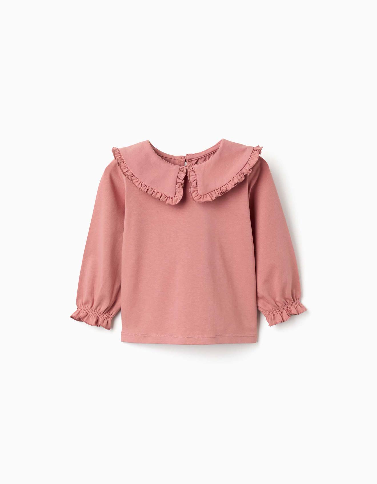 T-shirt En Coton Manches Longues Avec Volants Rose 15$