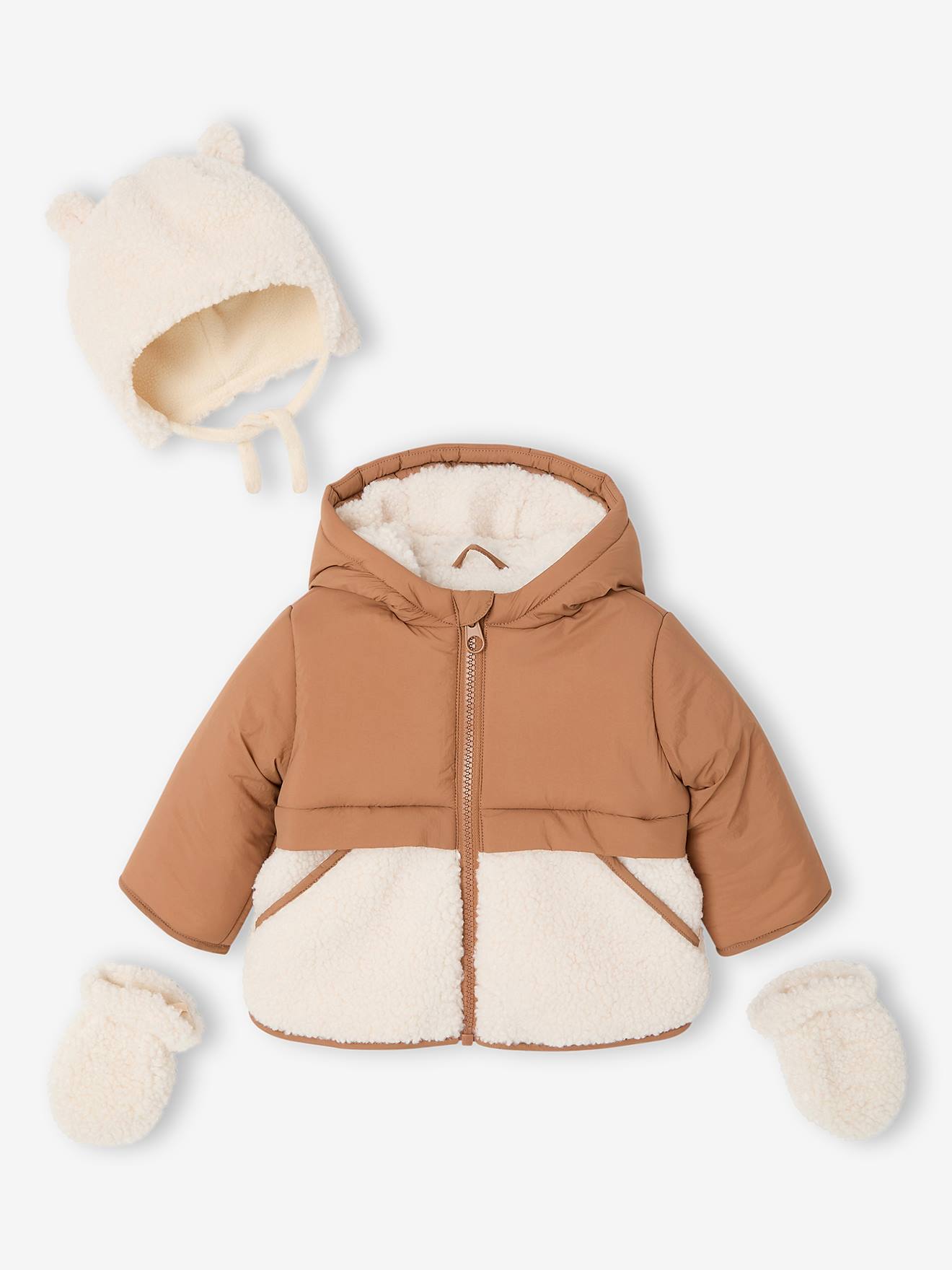 Doudoune bb avec bonnet et moufles noisette 50$