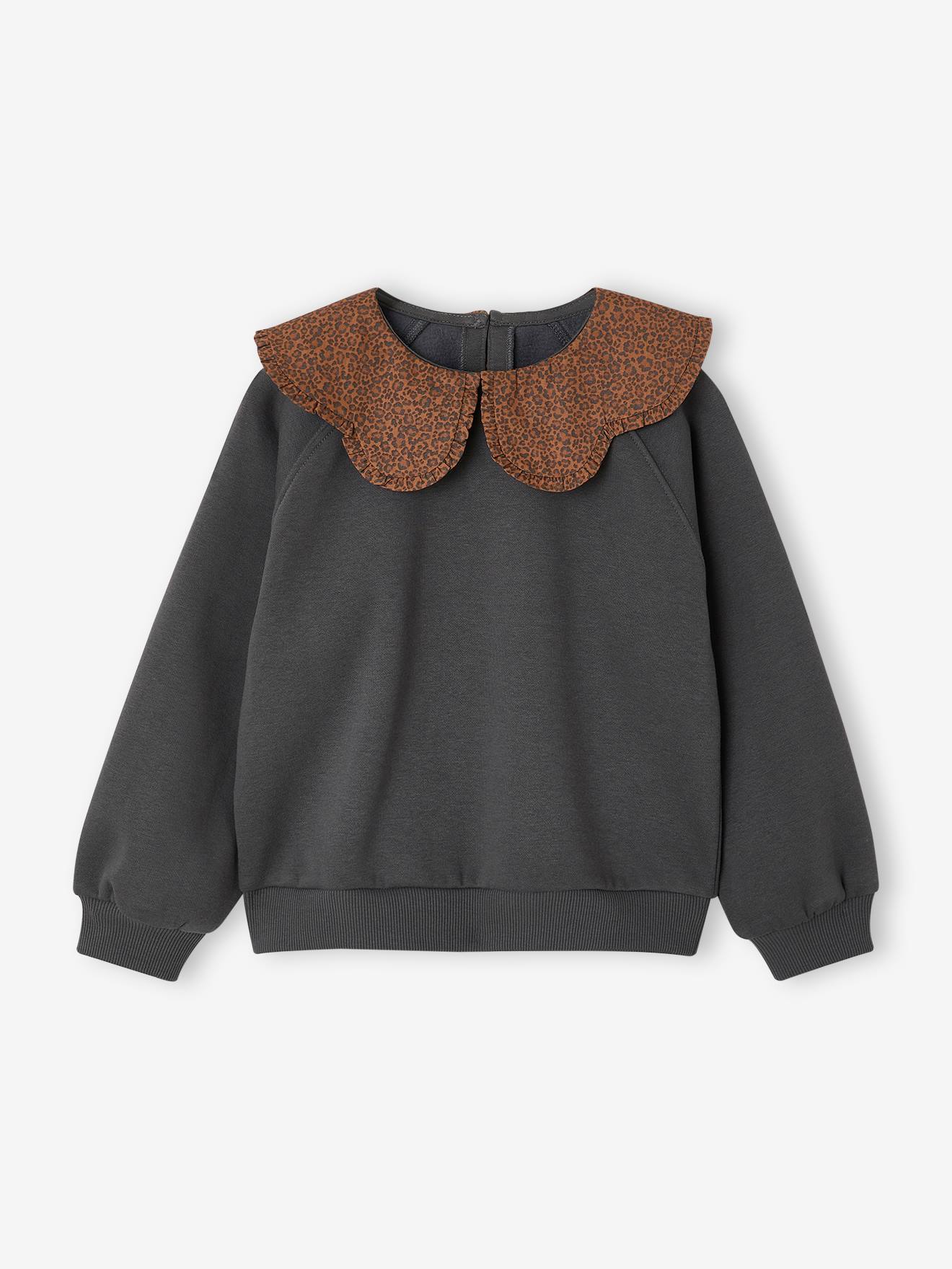Sweat fille col claudine broderie anglaise anthracite