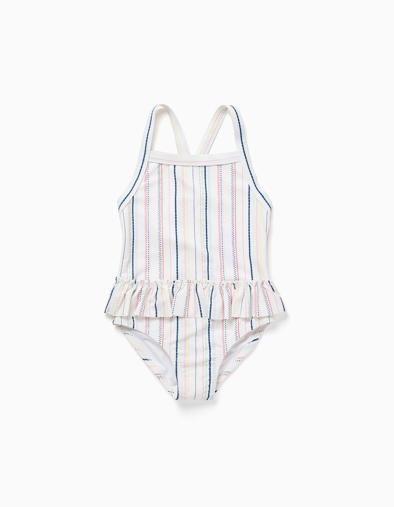 Maillot De Bain Rayures Ethniques Et Volants Bs Blanc 16$