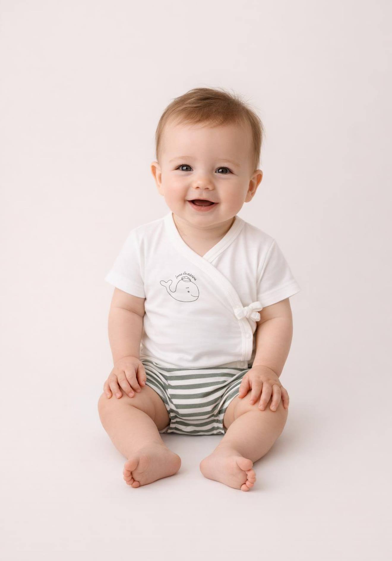 Ensemble Bloomer + Haut 100% Coton Bébé Fond Blanc Casse Raye Kaki