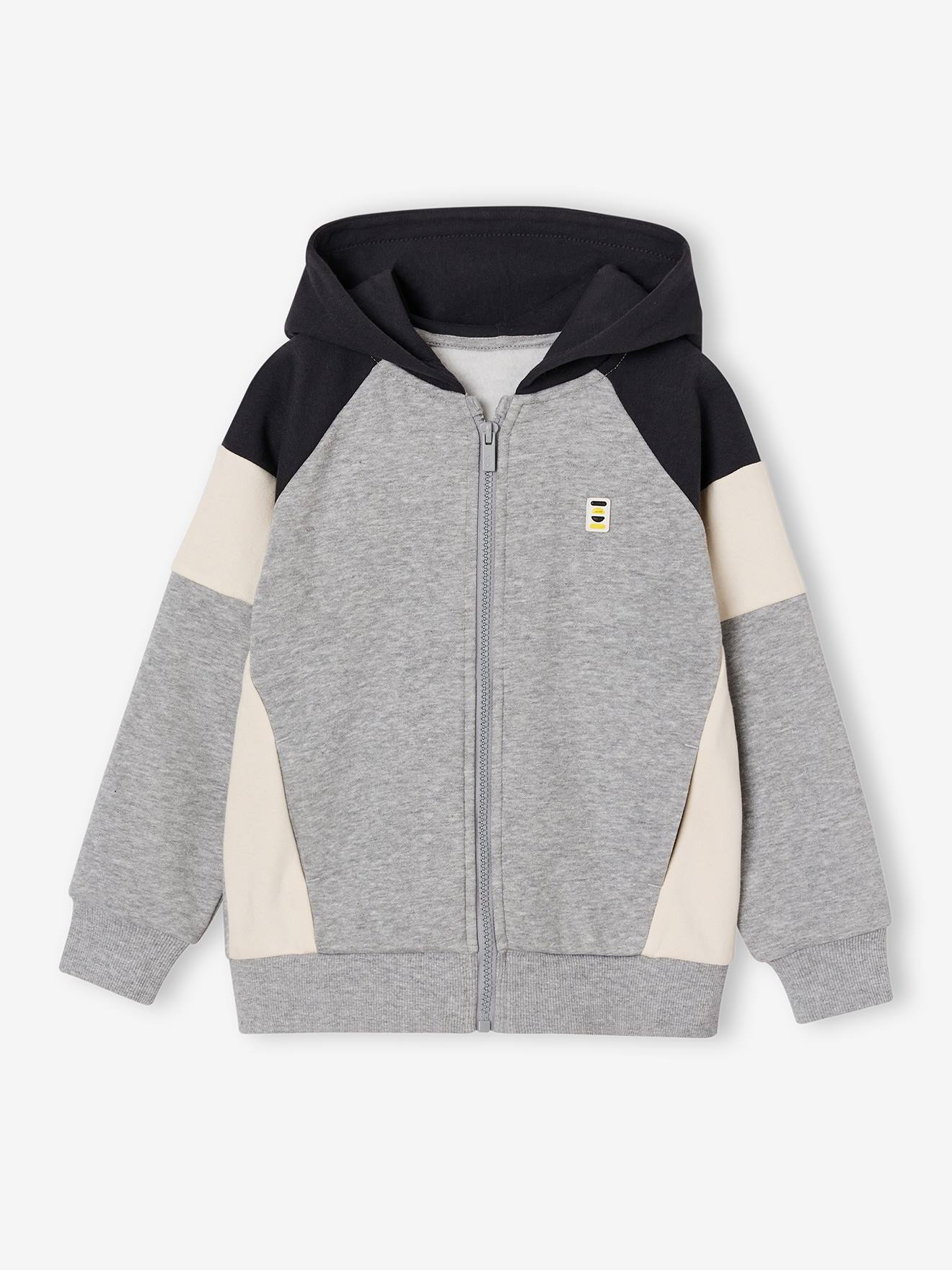 Sweat zippé garçon capuche coloblock gris chiné
