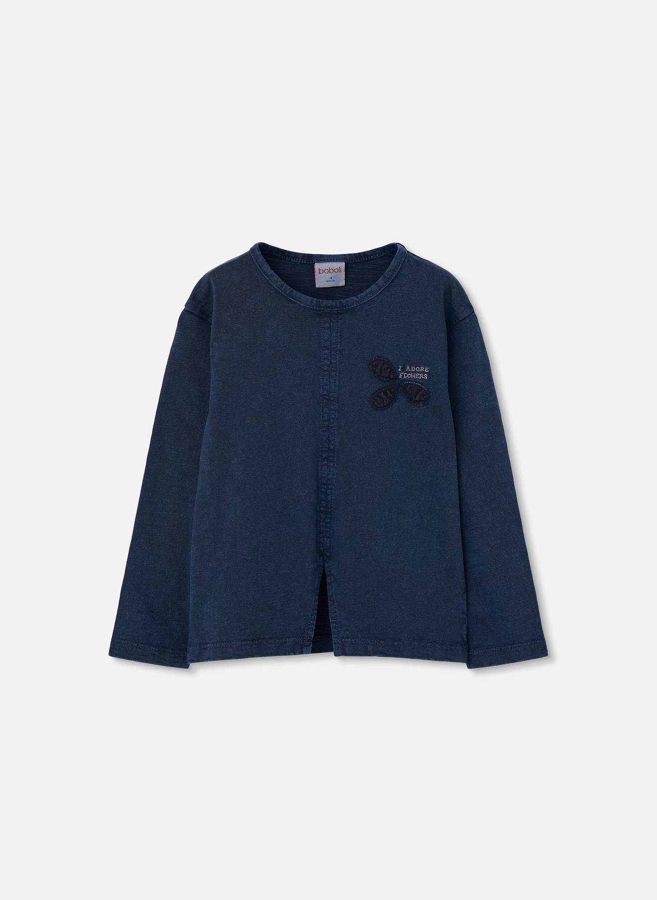T-shirt Fille En Maille Broderie Fleurs Bleu