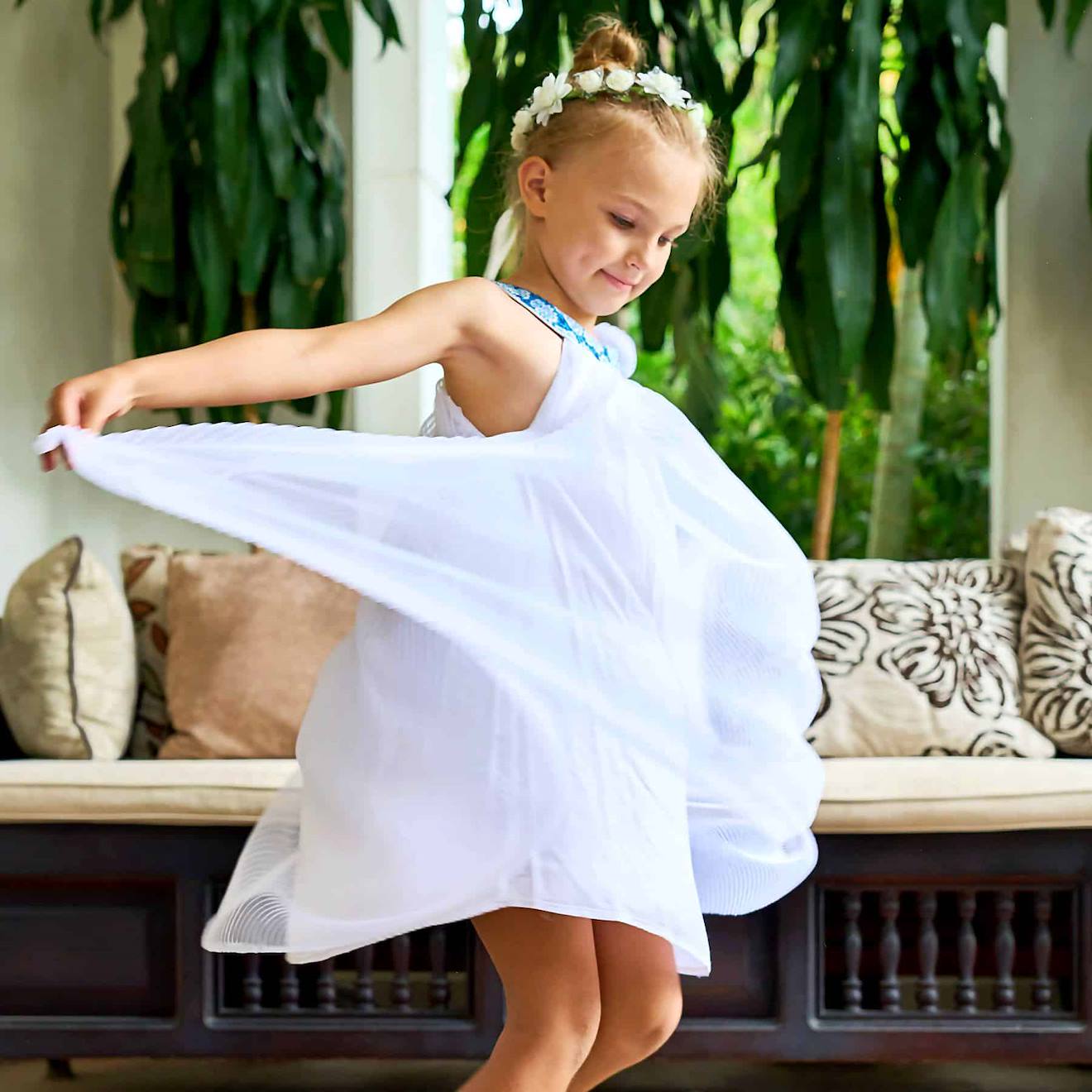 Robe Demoiselle D'honneur Fleurie Alizee Blanc Bleu Roi