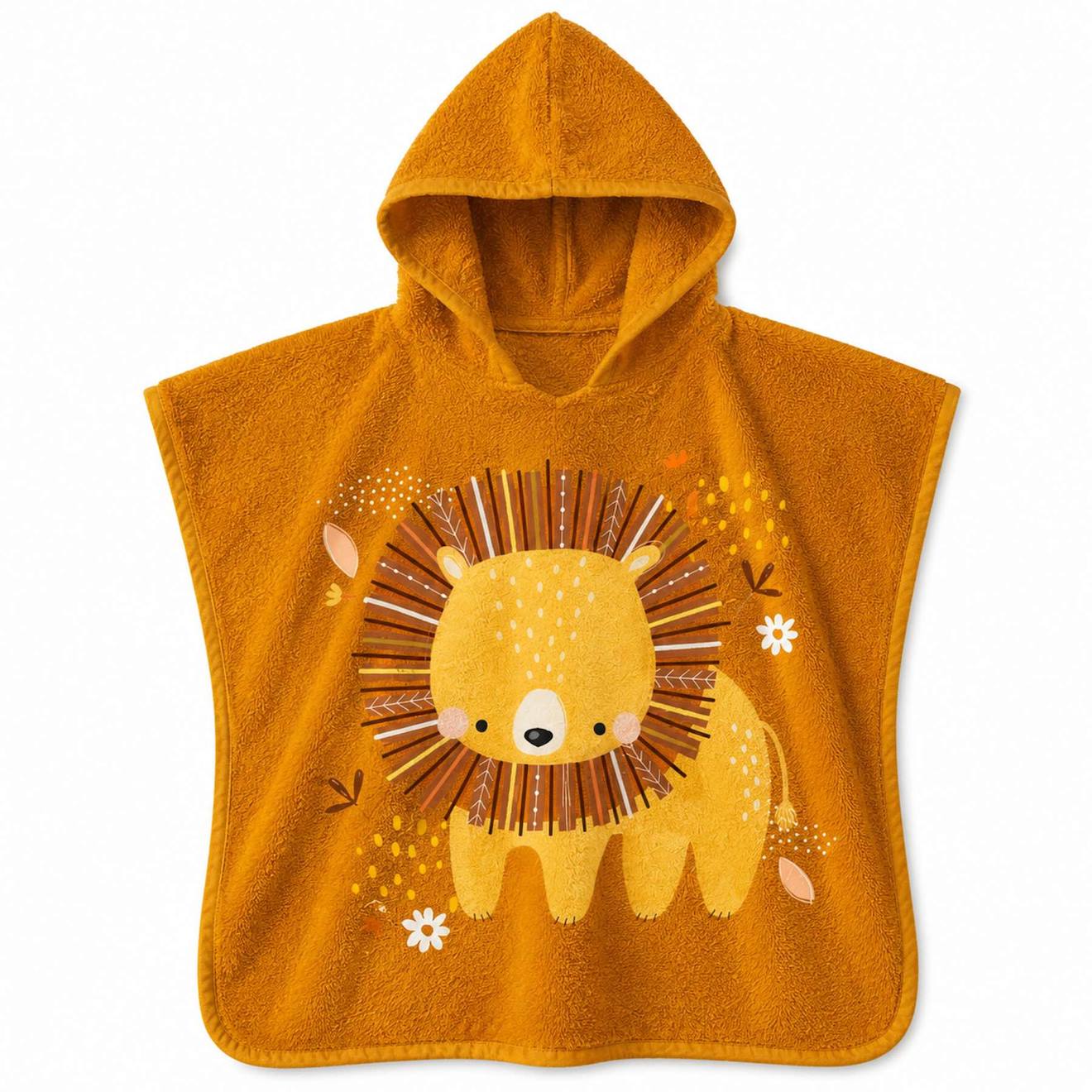 Poncho De Bain Enfant À Capuche En Coton Animaux Orange