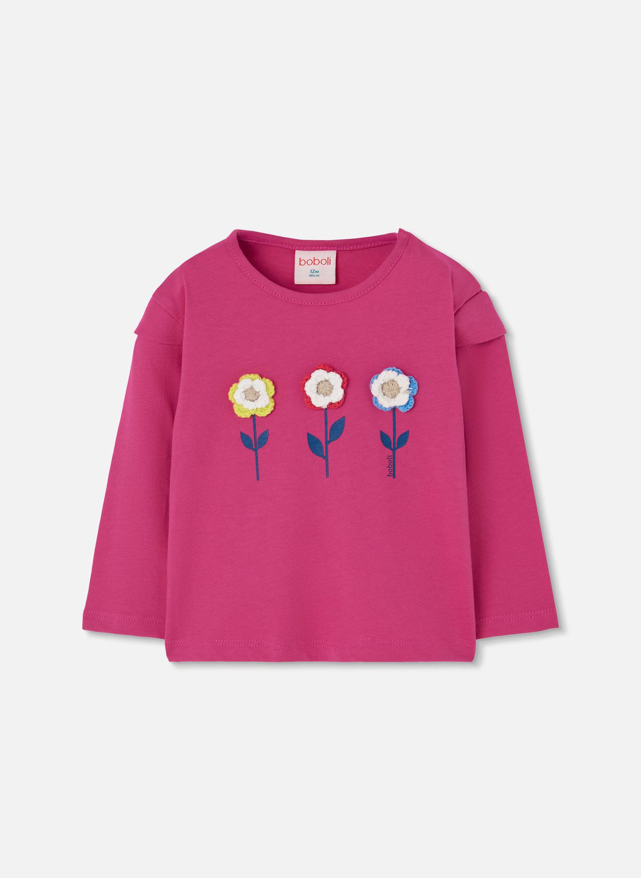 T-shirt Fille En Maille Broderie Fleurs Violet