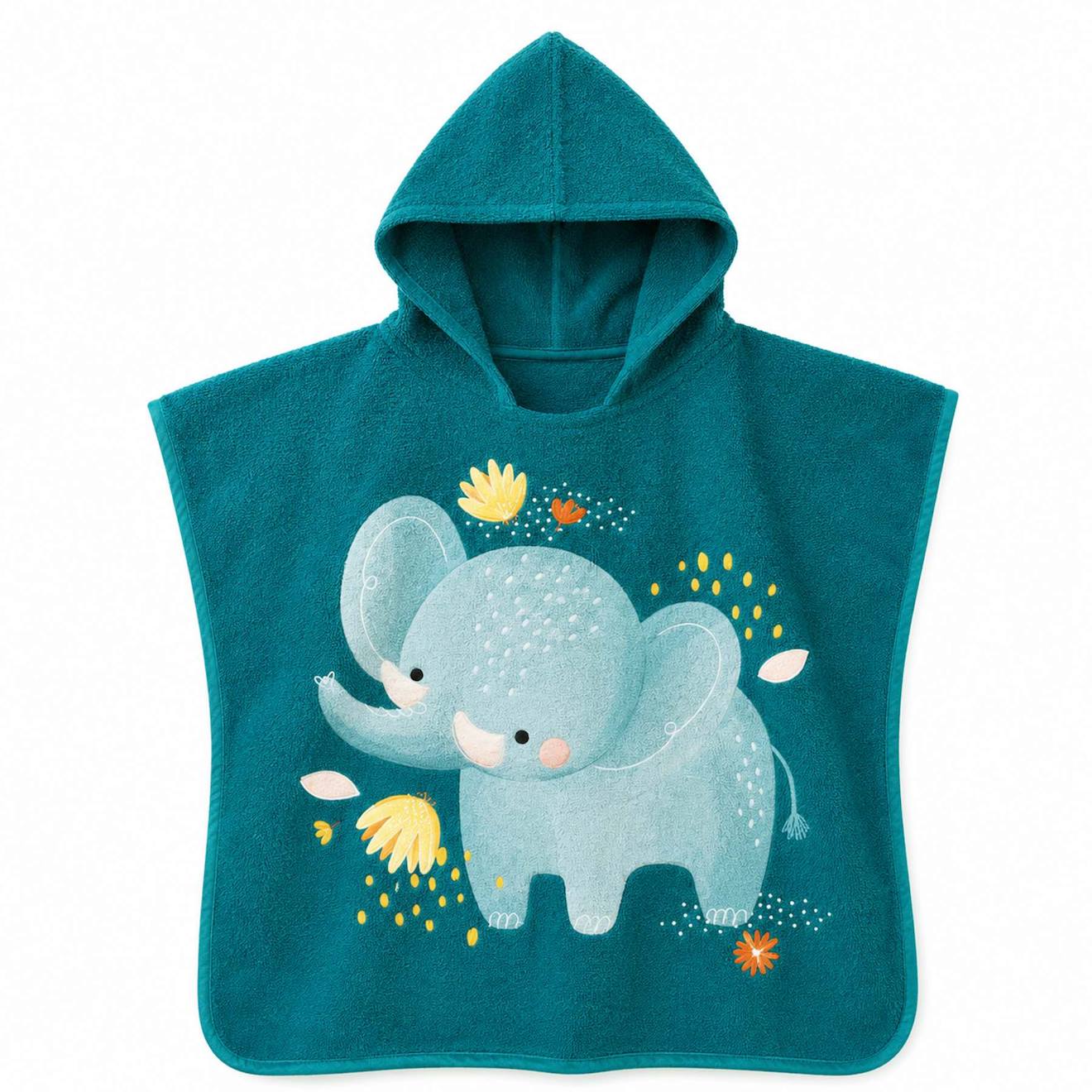 Poncho De Bain Enfant À Capuche En Coton Animaux Bleu