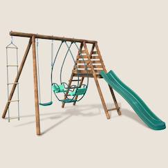 Jouet-Jeux de plein air-Portique en bois rond 3 agrès avec face à face, échelle et toboggan lavande
