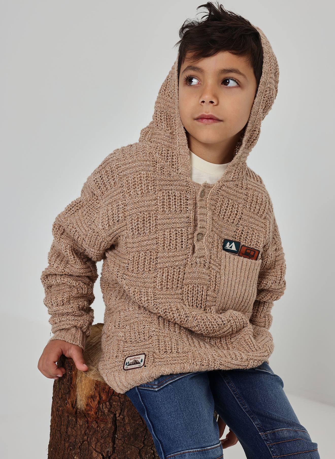 Pull Garçon À Capuche Et Patches Marron