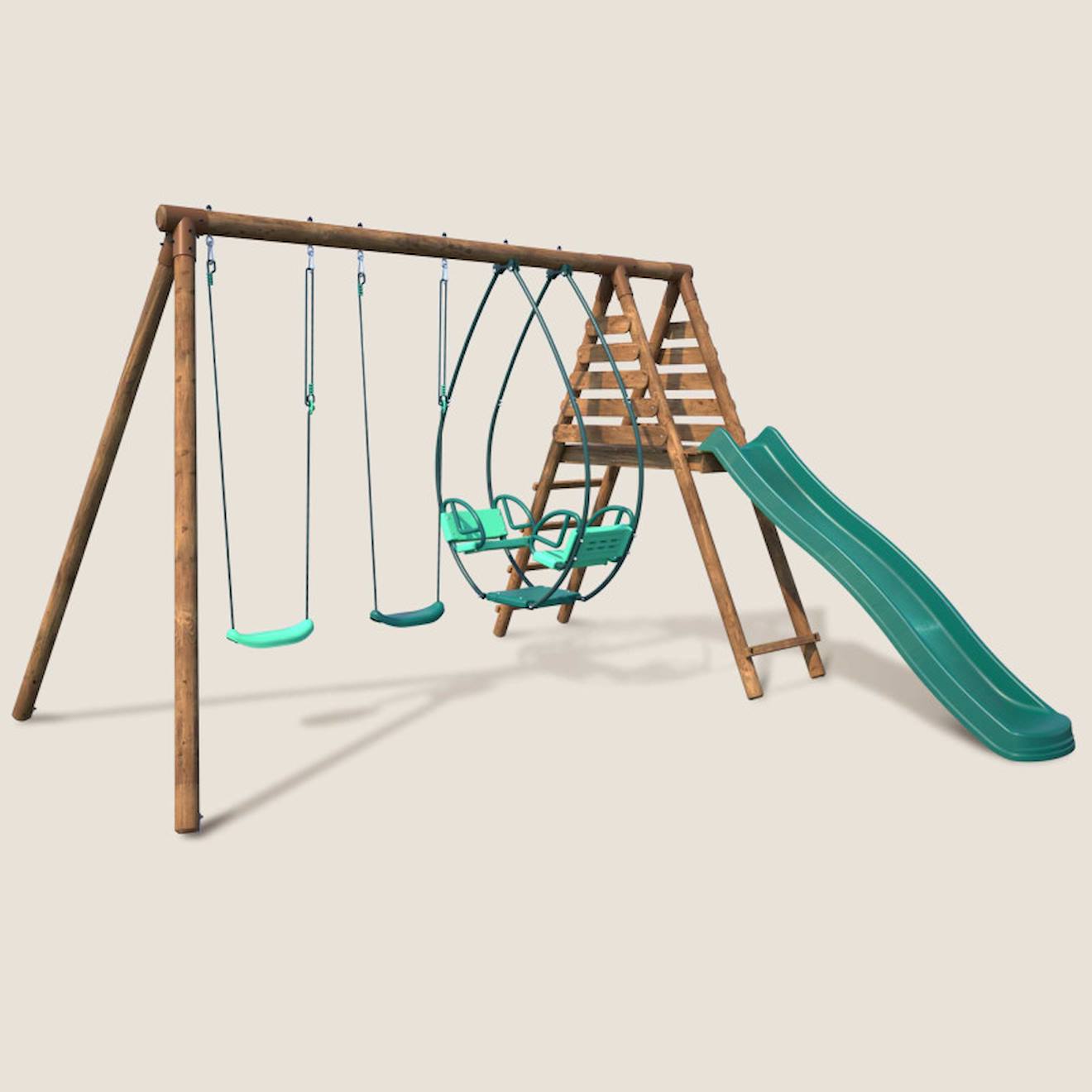 Portique En Bois Rond 3 Agrès Avec Face À Face Et Toboggan Narcisse Marron (soulet) - Couverture
