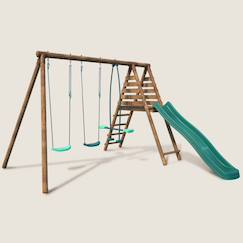 Jouet-Jeux de plein air-Portique en bois rond 3 agrès avec face à face et toboggan violette