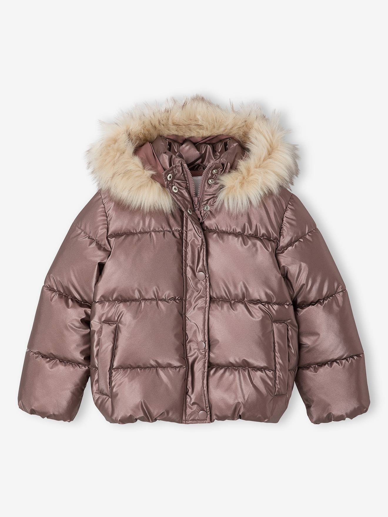 Doudoune à capuche fille doublée maille polaire mauve