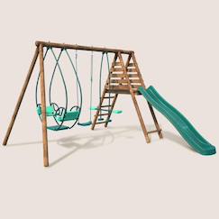 Jouet-Jeux de plein air-Portique en bois rond 3 agrès avec face à face et toboggan nigel
