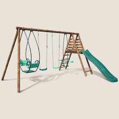 Jouet-Jeux de plein air-Portique en bois rond 4 agrès avec face à face et toboggan jacinthe