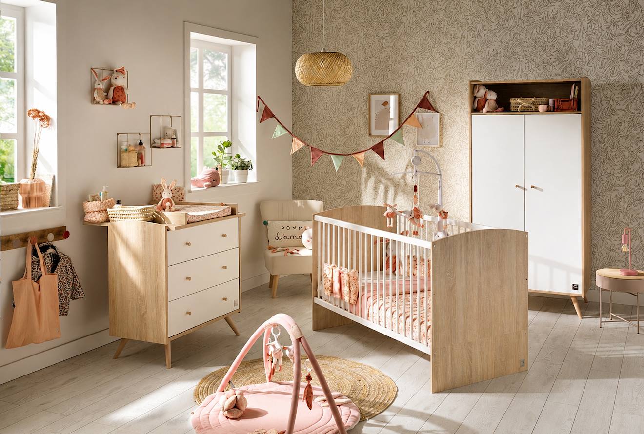 Chambre Bébé Trio: Lit Bébé 70x140 Évolutif, Commode À Langer 3 Tiroirs Et Armoire 2 Portes Décor Bois Chêne Et Blanc - Access Blanc/marron