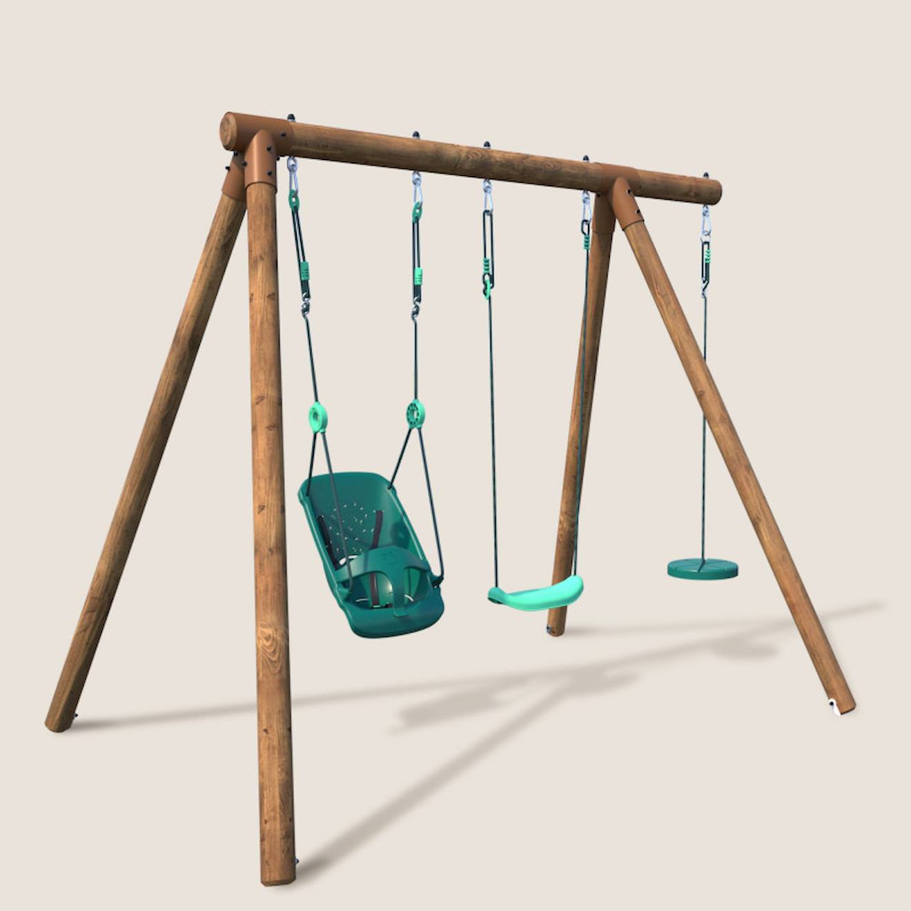 Portique En Bois Rond 3 Agrès Avec Balançoire Bébé Et Corde Disque Tiago Marron