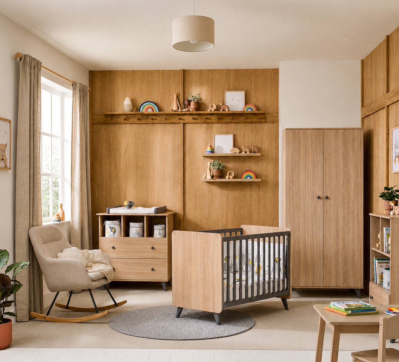 Chambre Bébé Trio: Lit Bébé 60x120, Commode À Langer 2 Tiroirs Et Armoire 2 Portes Décor Bois Chêne - Come Marron/gris