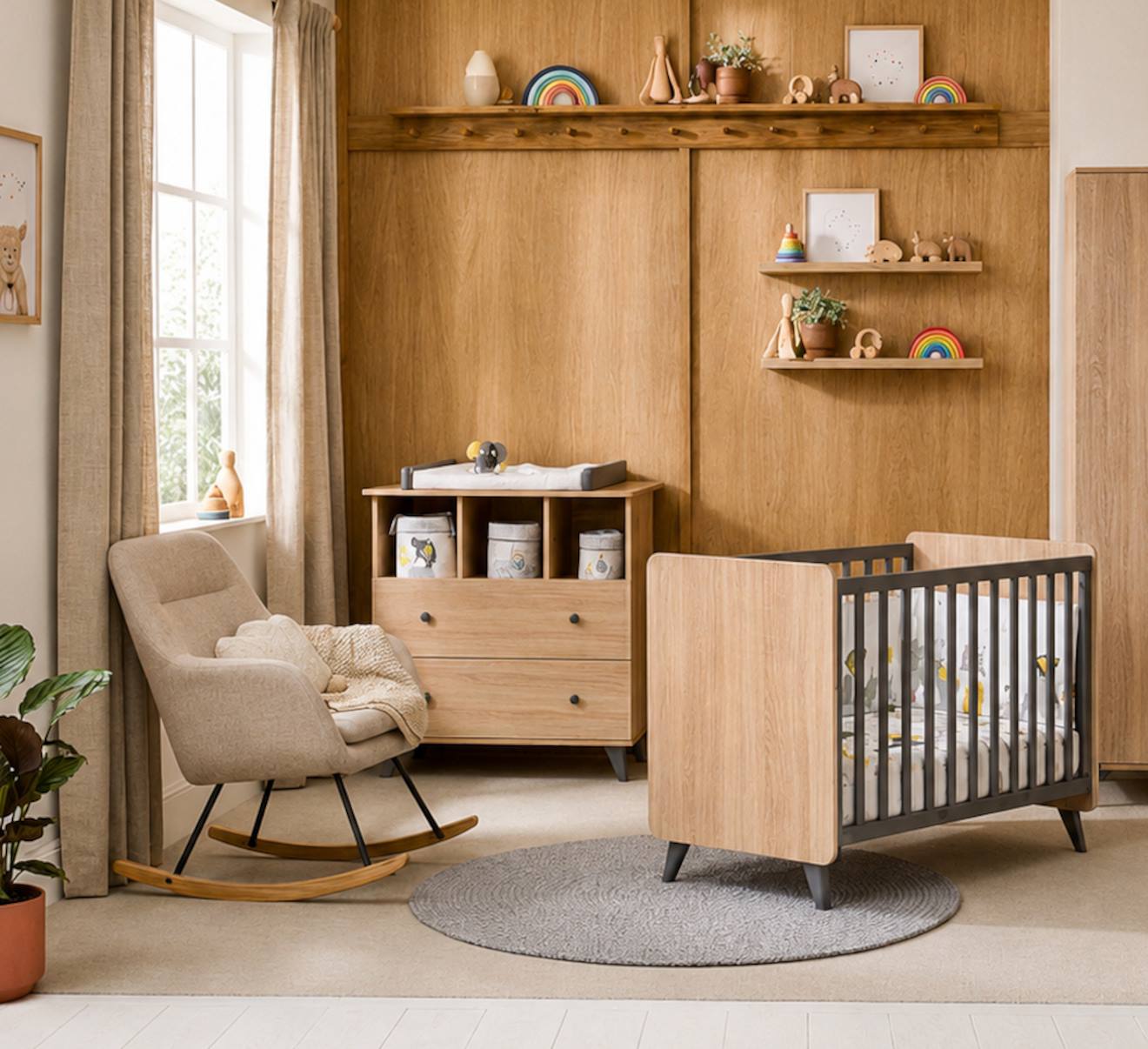 Chambre Bébé Duo: Lit Bébé 60x120 Et Commode À Langer 2 Tiroirs Décor Bois Chêne - Come Marron/gris Chambre Bébé Duo: Lit Bébé 60x120 Et Commode À Langer 2 Tiroirs Décor Bois Chêne - Come Marron/gris