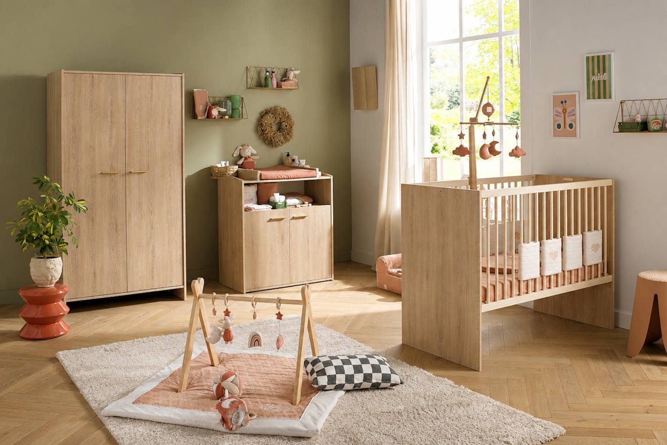 Chambre Bébé Trio: Lit Bébé 60x120 Évolutif, Commode À Langer 2 Portes Et Armoire 2 Portes Décor Bois Hêtre - Adele Marron