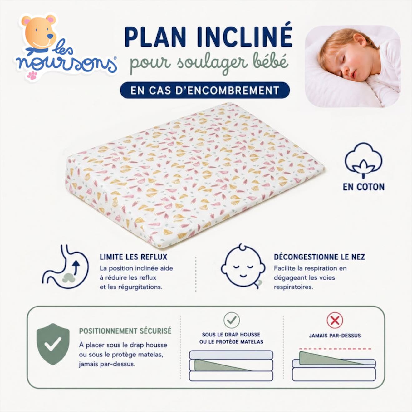 Pack Matelas Bébé 60x120 Cm + Plan Incliné Coton Sweety - Confort Souple Et Position Idéale Rose (Les Noursons) - Image 2