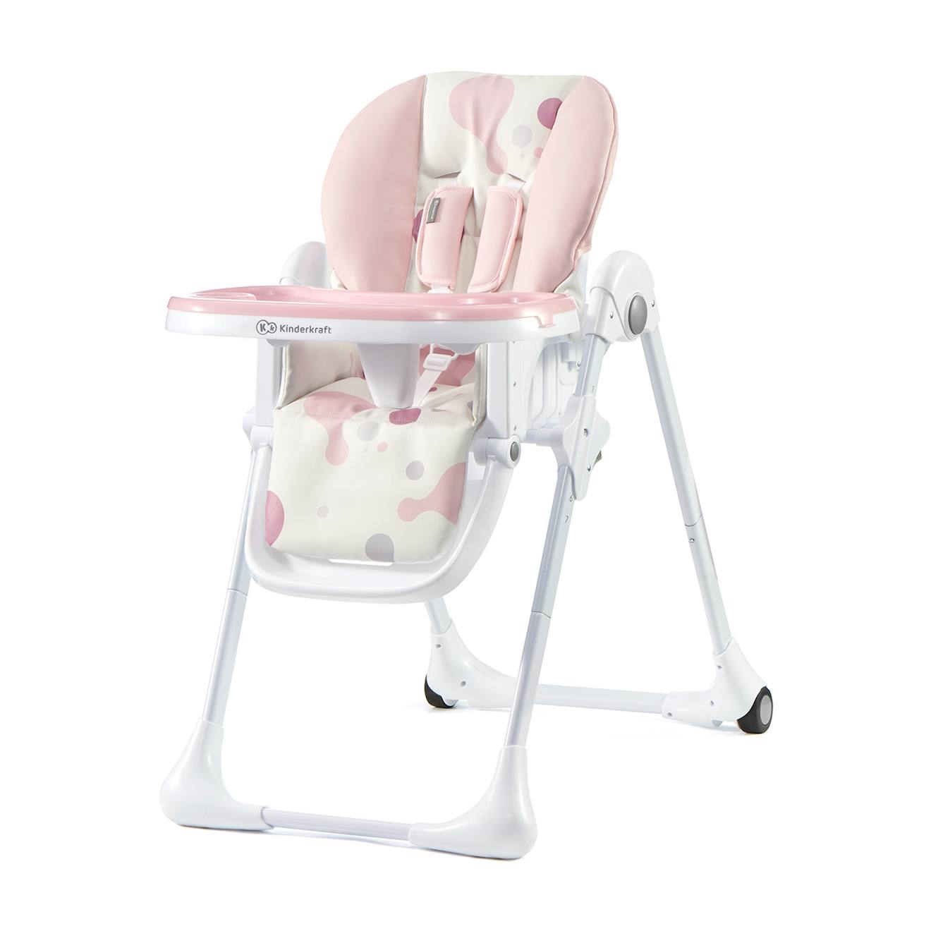 Chaise Haute Pliable Yummy Avec Dossier Réglable 3 Positions, Hauteur Réglable Et Harnais 5 Points Rose