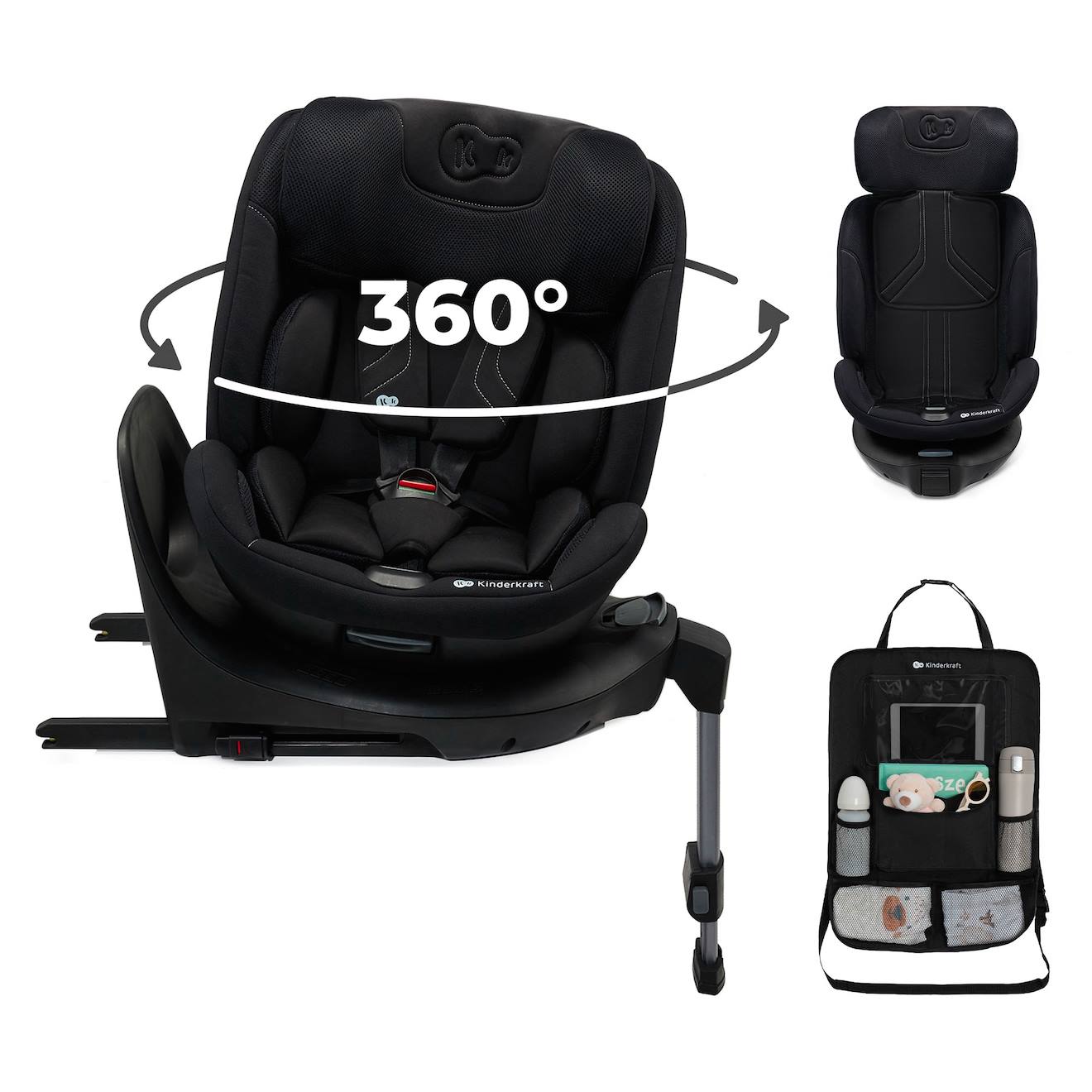 Siège Auto Kinderkraft Xrider 2 I-size Avec Rotation 360°, Isofix, Sps+, H-guard+, Easy Grow + Organisateur Voiture Noir