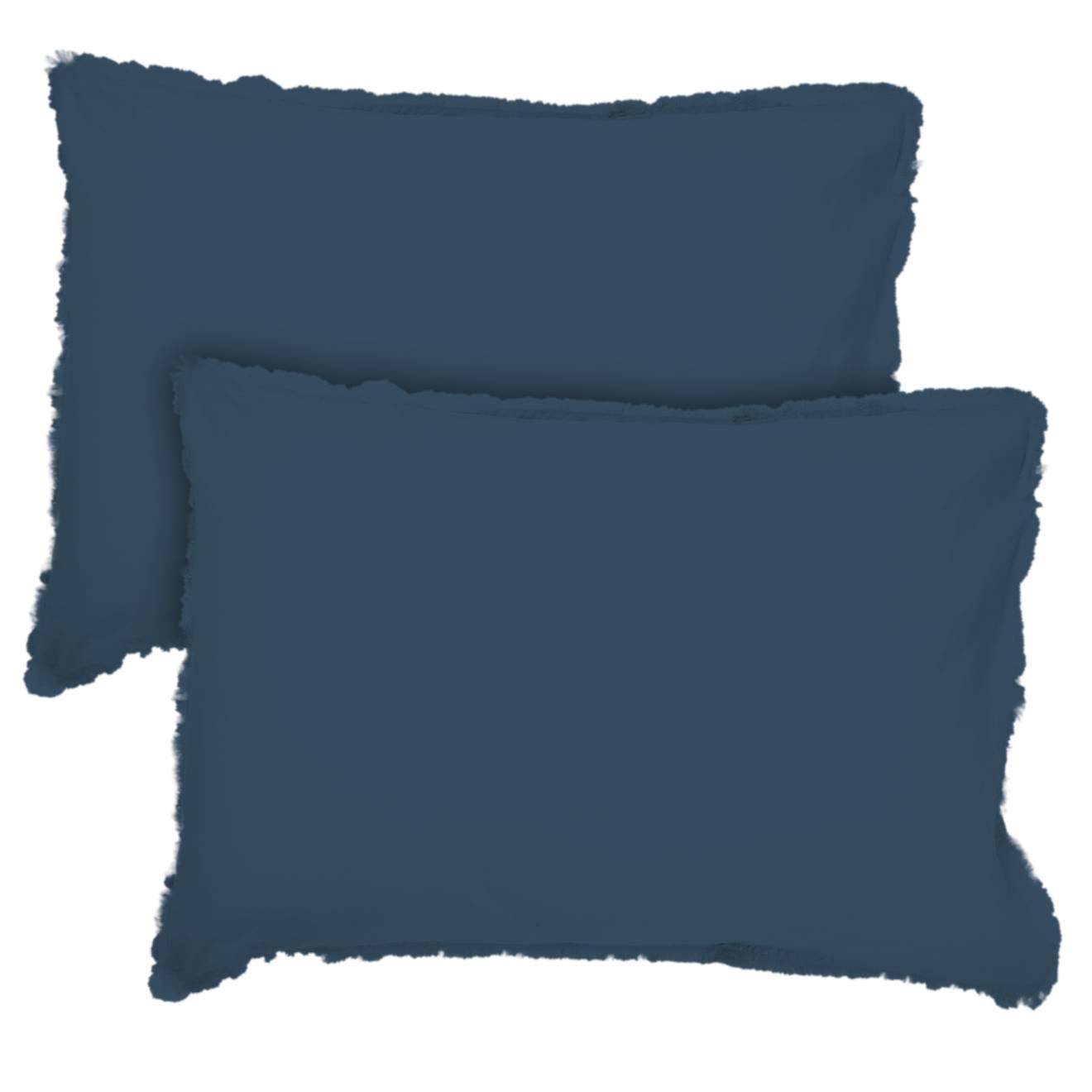 Set De 2 Taies D'oreiller Unies À Franges, Coton Lavé Bleu Nuit