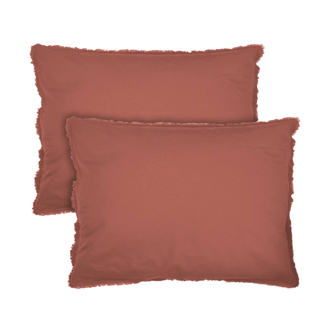 Set De 2 Taies D'oreiller Unies À Franges, Coton Lavé Terre Cuite