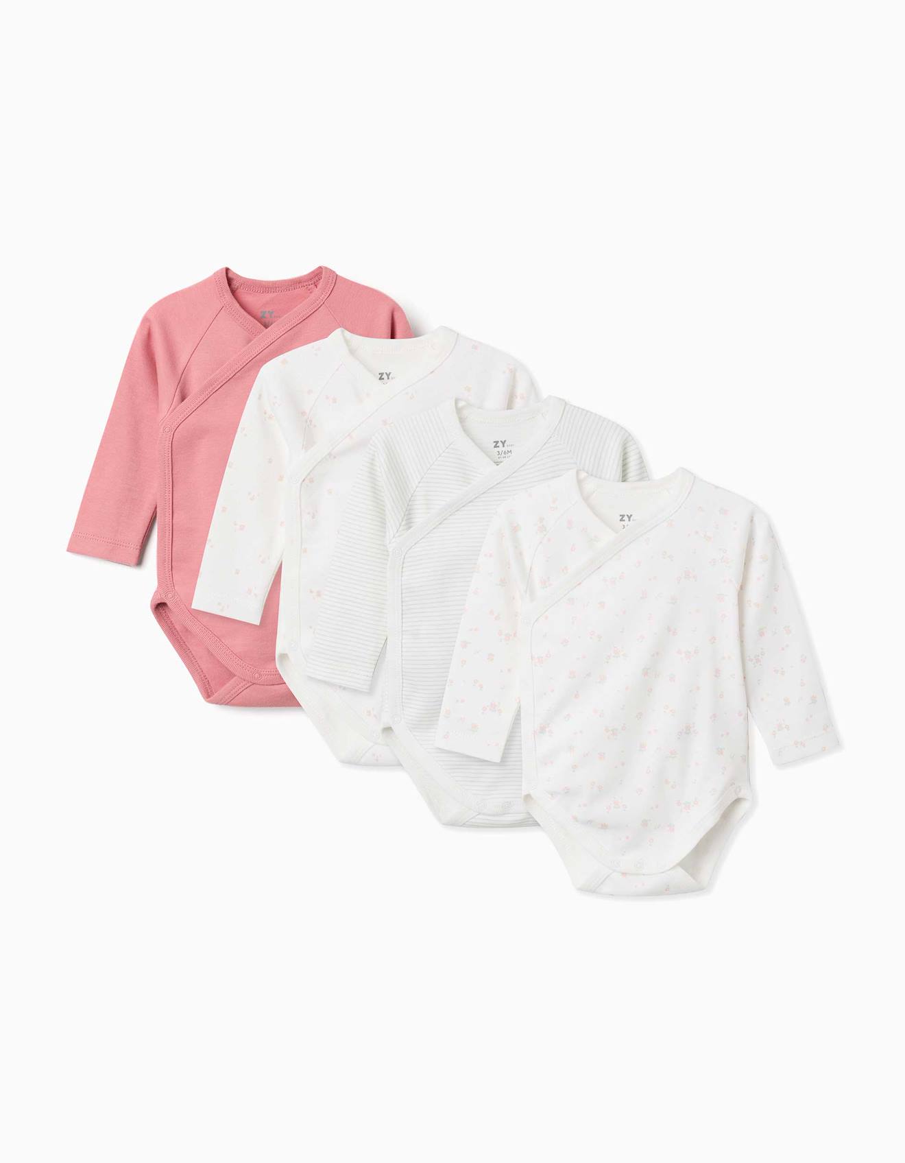 Lot De 4 Bodies En Coton Manches Longues Boutons-pression Fleurs Rayures Multicolore 26$