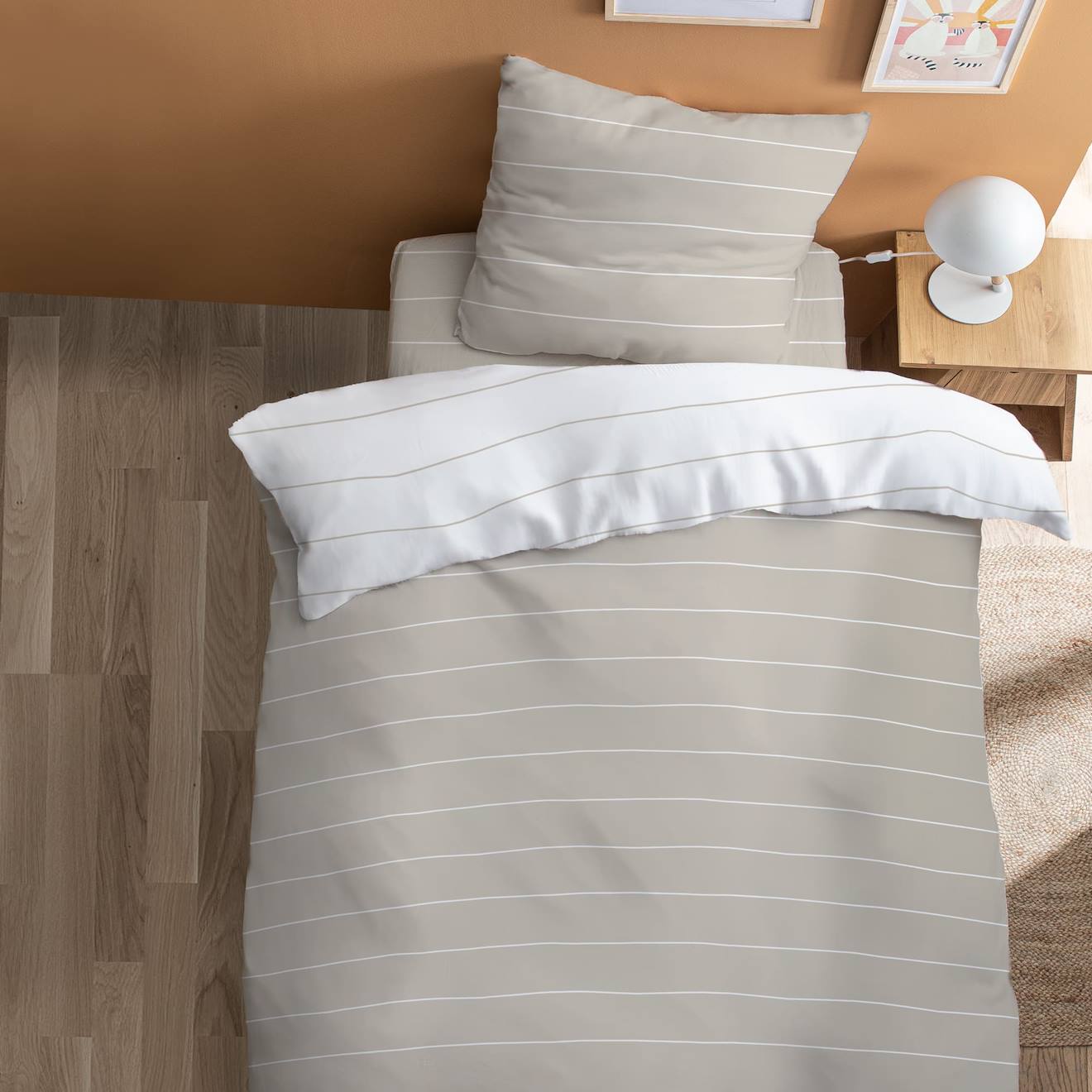 Parure De Lit Imprimée 100% Coton, Stripes Grège