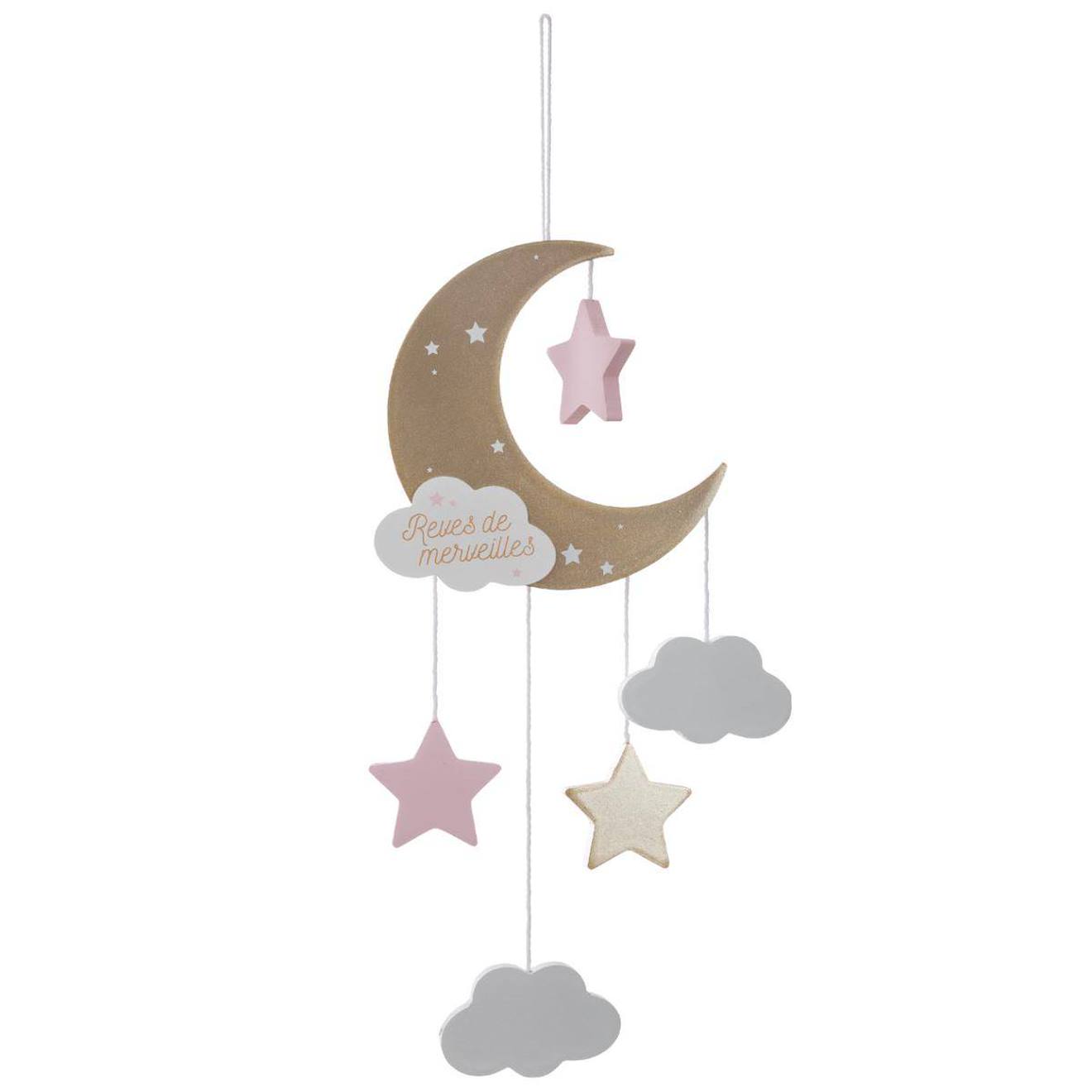 Suspension Murale Lune Et Étoiles - Lune Rose
