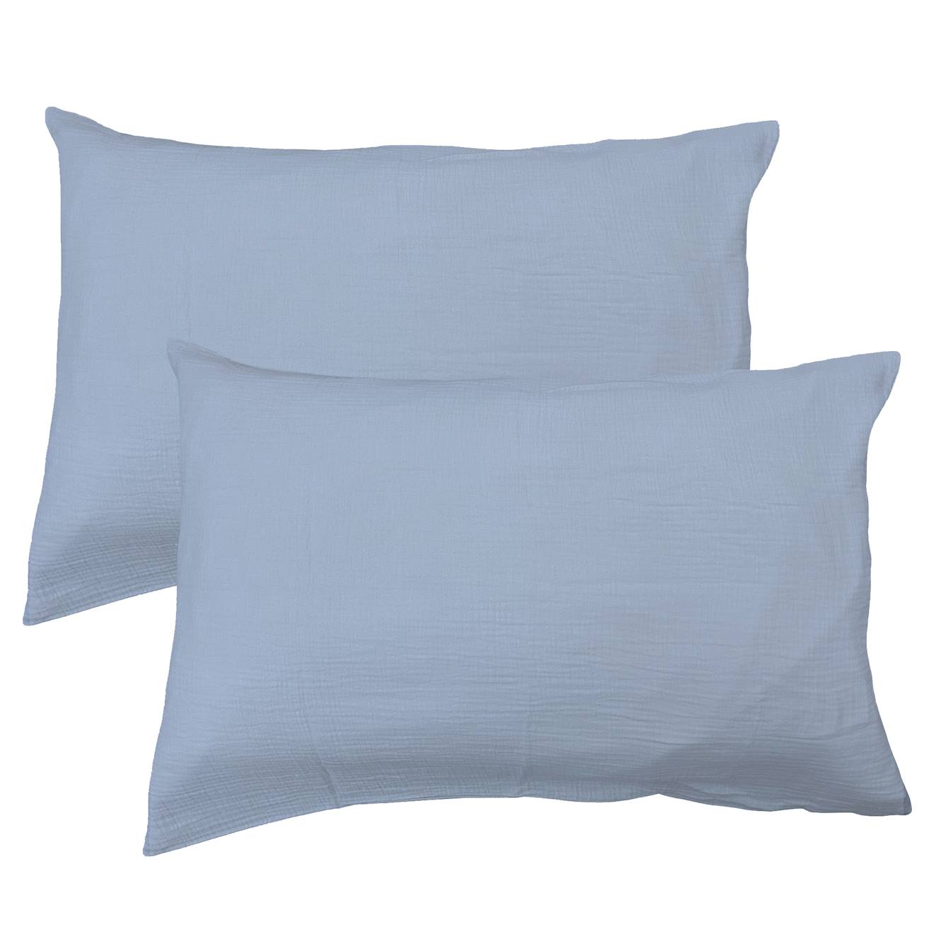 Set De 2 Taies D'oreiller Unies En Coton, Gaze De Coton Bleu Horizon