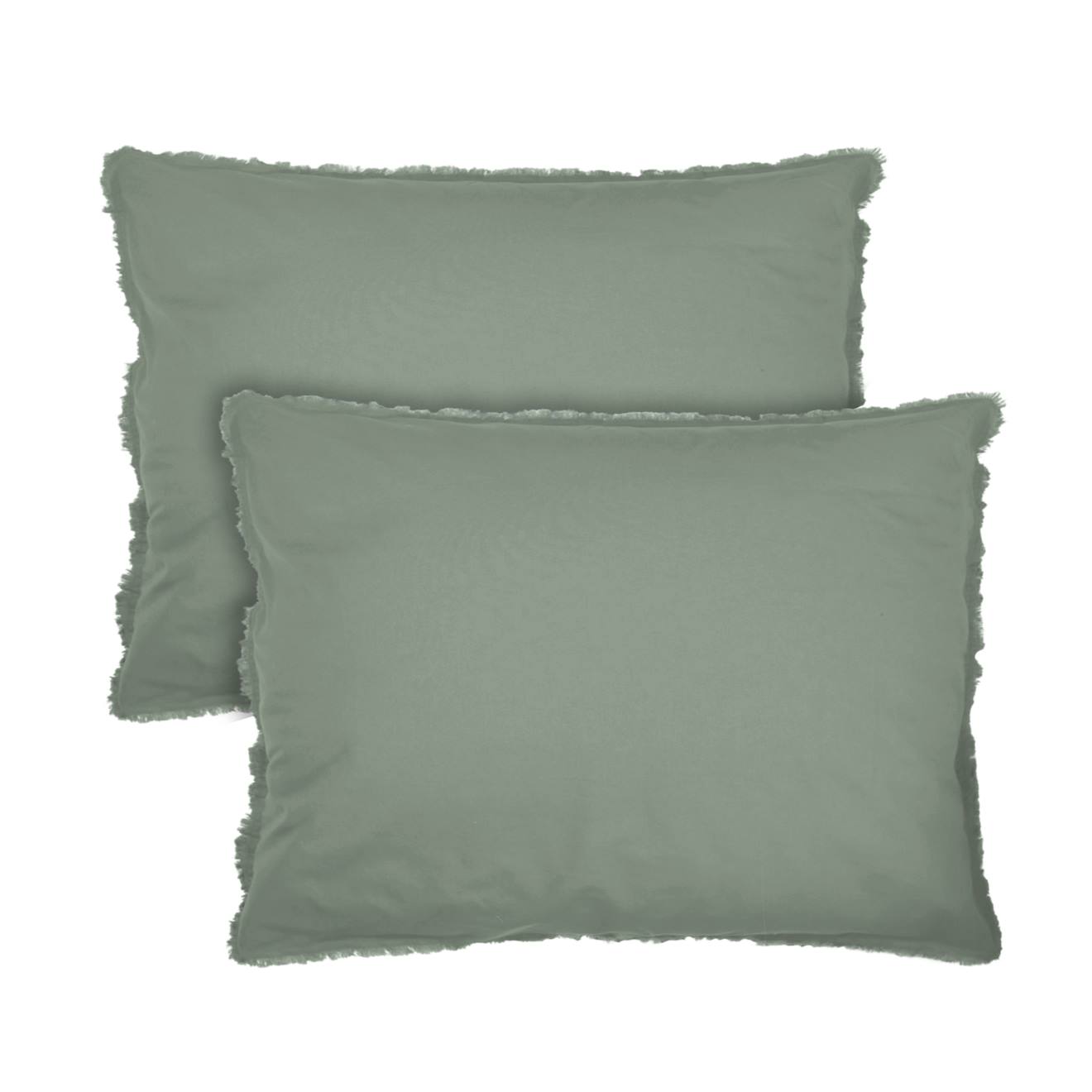 Set De 2 Taies D'oreiller Unies À Franges, Coton Lavé Lichen