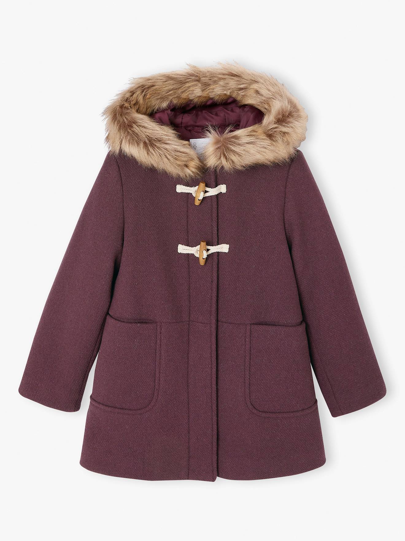 Duffle-coat à capuche fille drap de laine prune