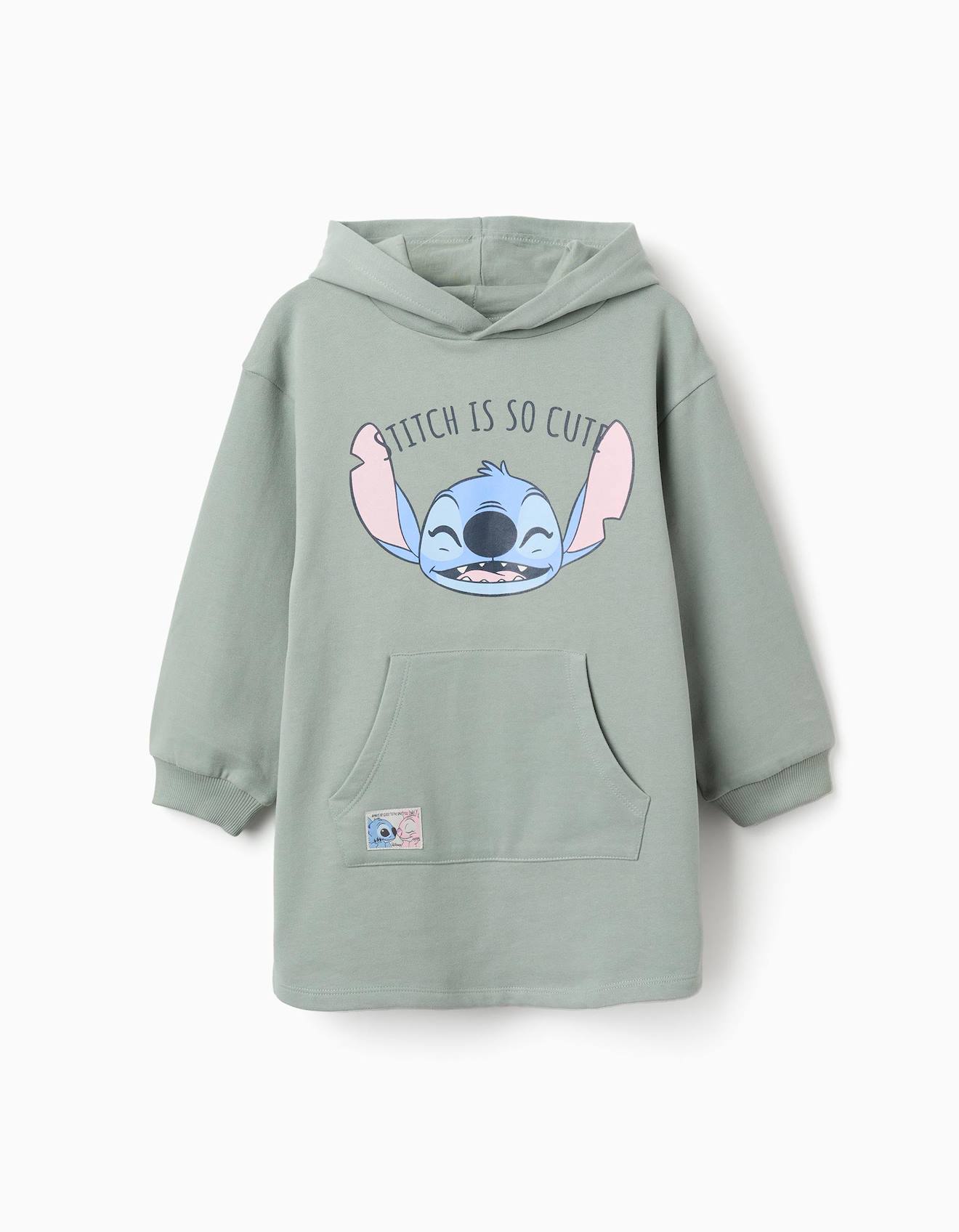 Robe Sweat En Coton Peigné À Capuche Et Imprimé Stitch Vert