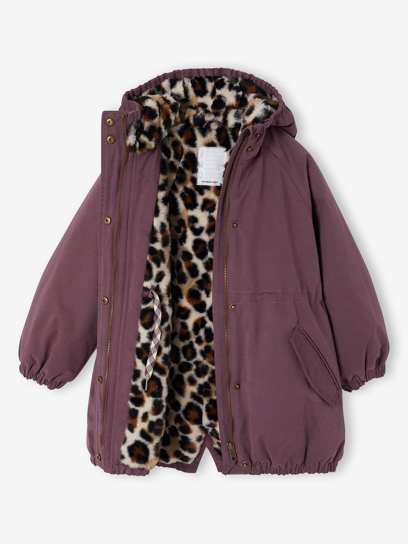 Parka fille à capuche doublée imitation fourrure prune