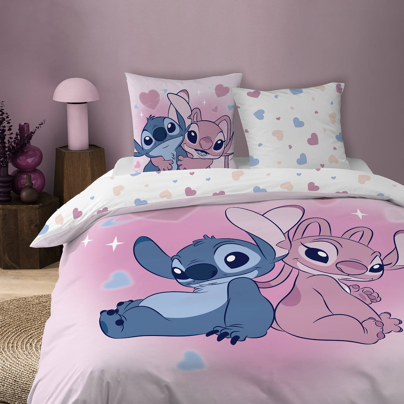 Parure De Lit Imprimée 100% Coton, Disney Home Stitch Bisous Rose