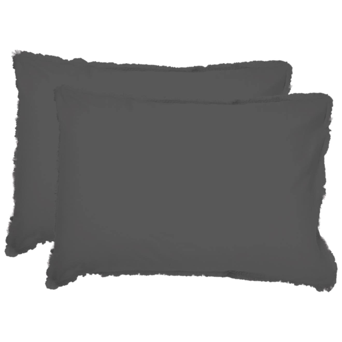 Set De 2 Taies D'oreiller Unies À Franges, Coton Lavé Anthracite
