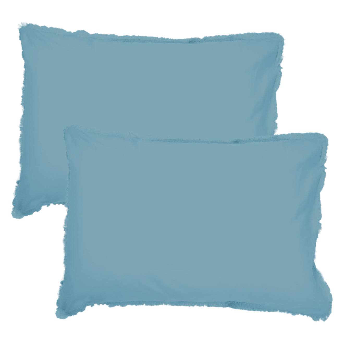 Set De 2 Taies D'oreiller Unies À Franges, Coton Lavé Bleu Glacier