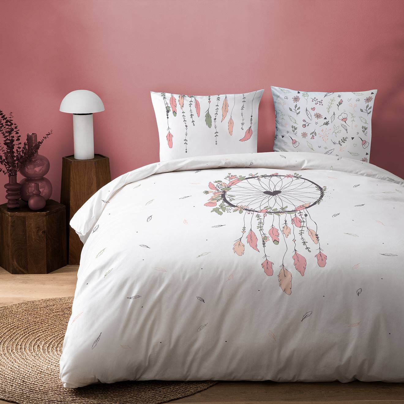 Parure De Lit Imprimée 100% Coton, Attrape Coeur Blanc