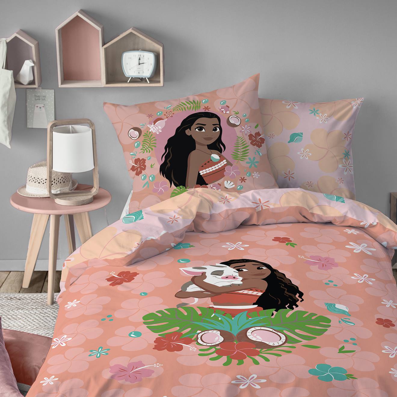 Parure De Lit Imprimée 100% Coton, Disney Home Vaiana Fleur Rose