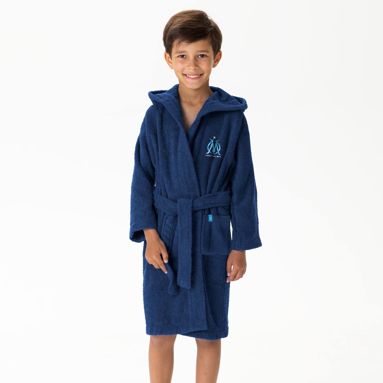 Peignoir Enfant Brodé 100% Coton, Om Ruban Bleu Marine