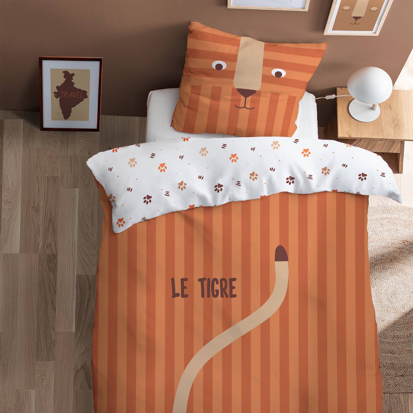 Parure De Lit Imprimée 100% Coton, Tigri Caramel
