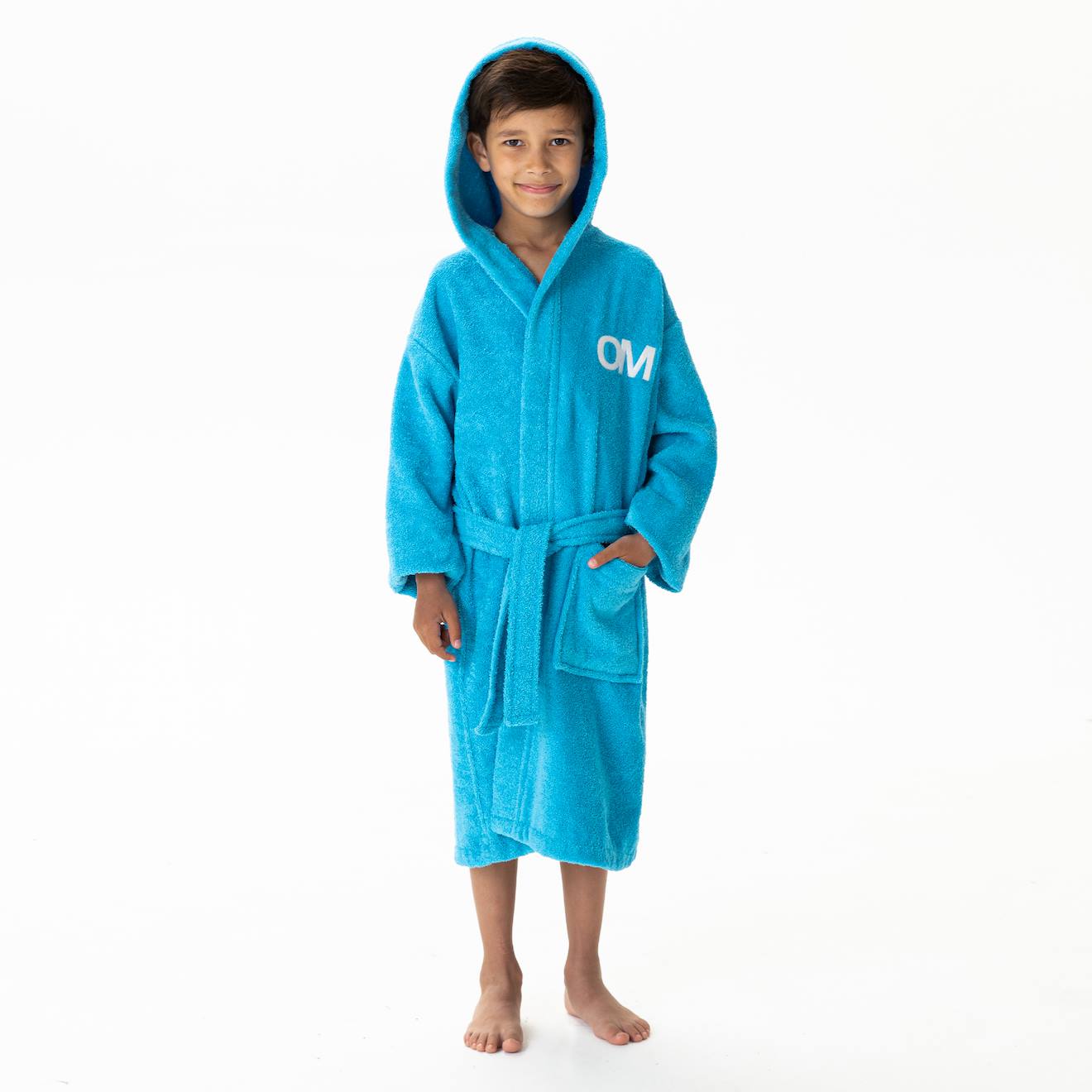 Peignoir Enfant Brodé À Capuche 100% Coton, Om 1899 Bleu
